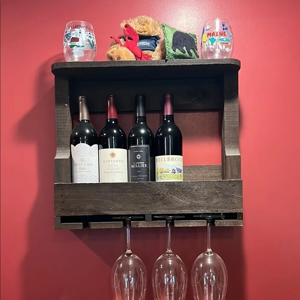 Wine rack. Wooden. Holds 4 glasses and 5 bottles.